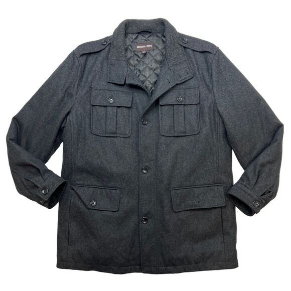 Michael Kors Peacoat Mens L Large Charcoal Wool Blend Button Up Utility Overcoat - Picture 1 of 11